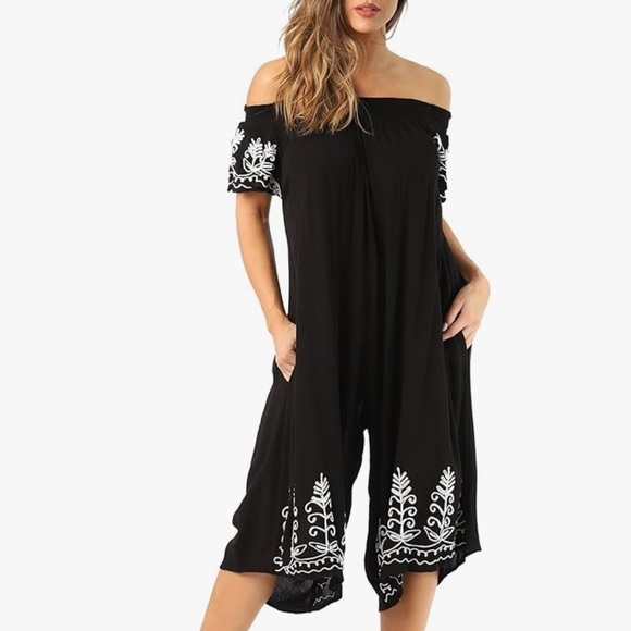 Rivieras Pants - Riviera Sun Black White Embroidered Crop Off Shoulder pocket Jumpsuit Small